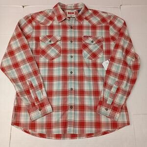 Wrangler Cowboy Wash Shirt Men's Size L Red Sky Blue Plaid